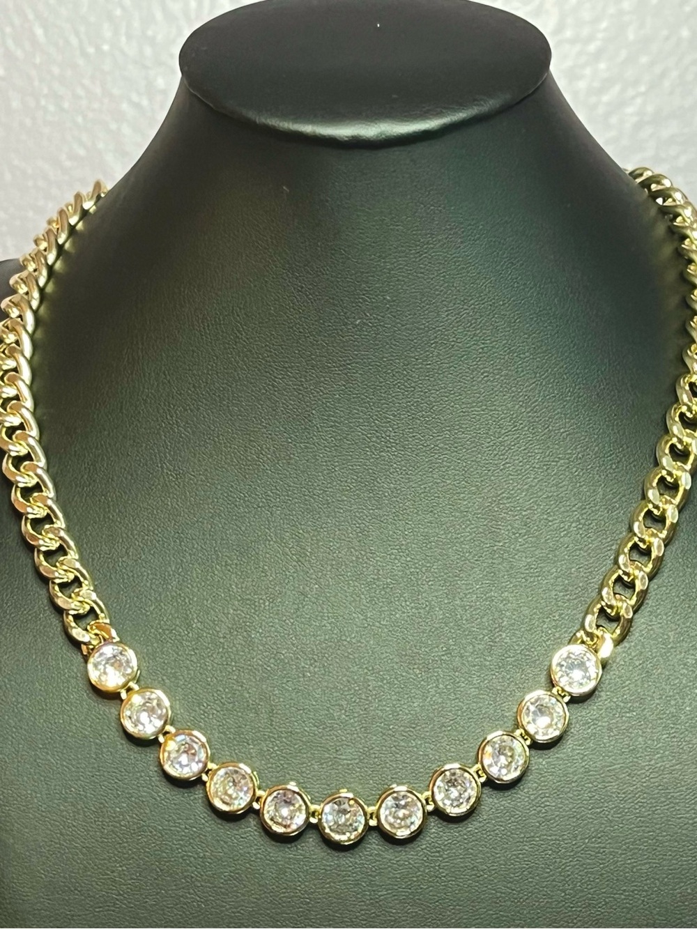 Gold Crystal Tennis w/ Cuban Chain Necklace 18”…STUNNING